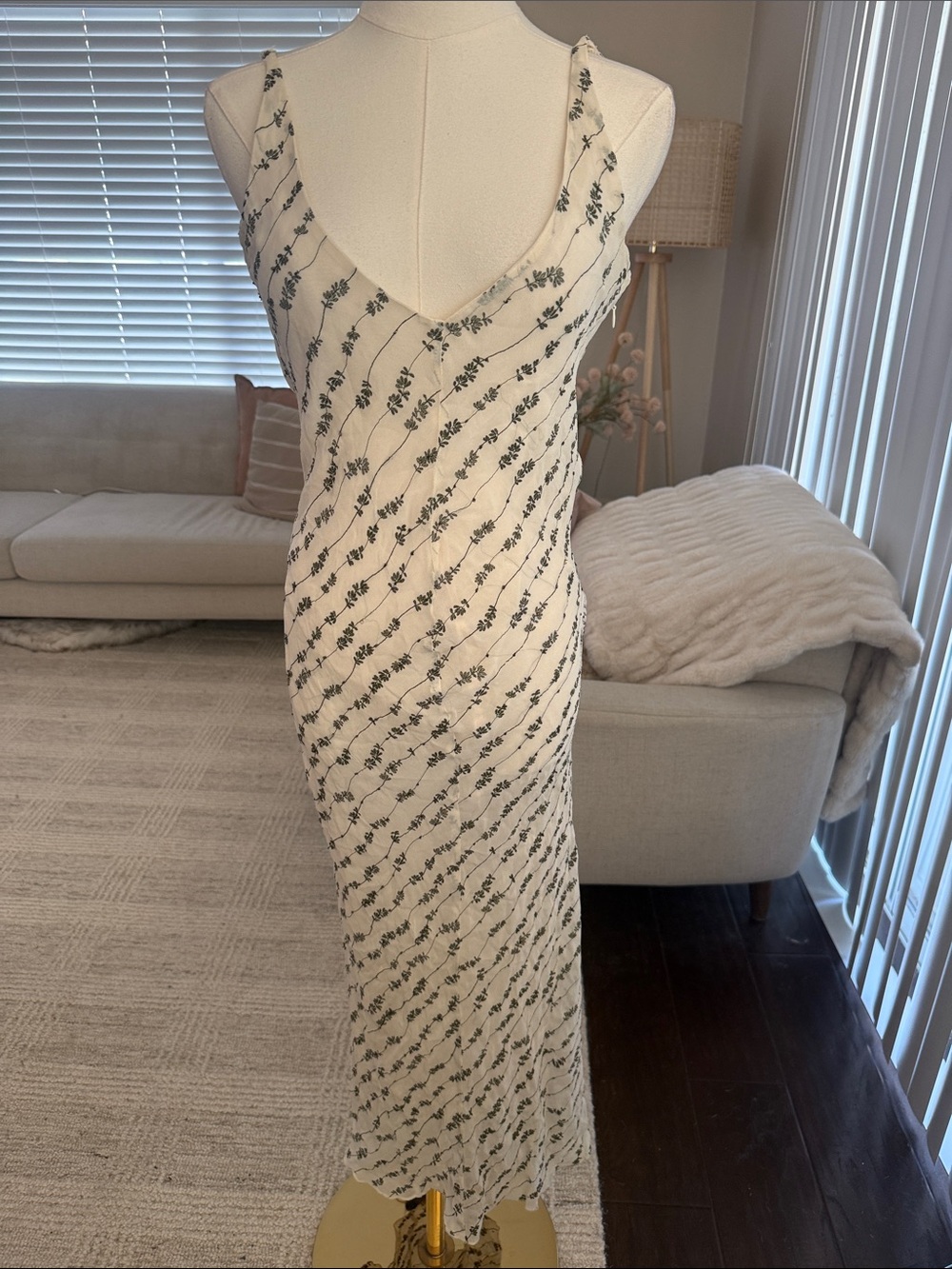 Narciso Rodriguez Cream Slip Dress with Black Floral Stripe